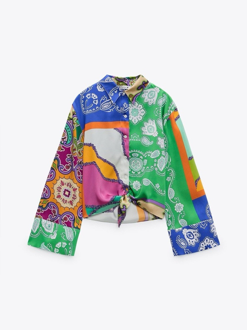 Zara Green Multi-Color Bandana Print Tie-Front Shirt